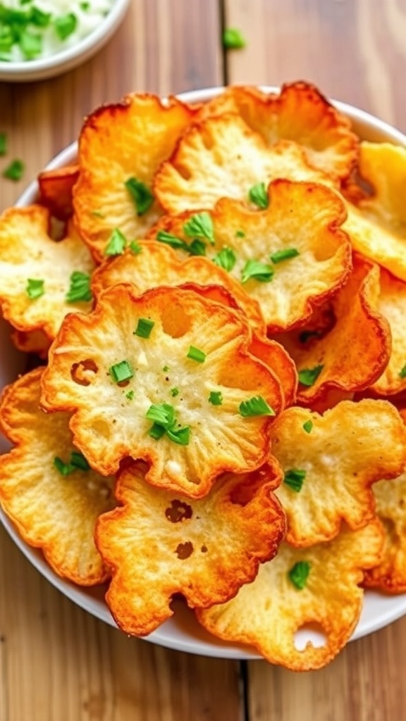Crispy onion and parmesan chips on a plate, garnished with parsley, on a rustic table.